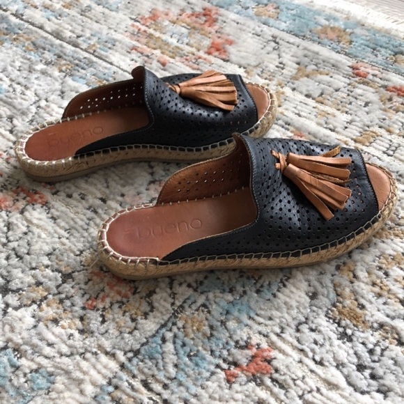 BUENO Navar Black Leather Tassel Slip On Espadrilles Slides Sandals - Picture 3 of 8